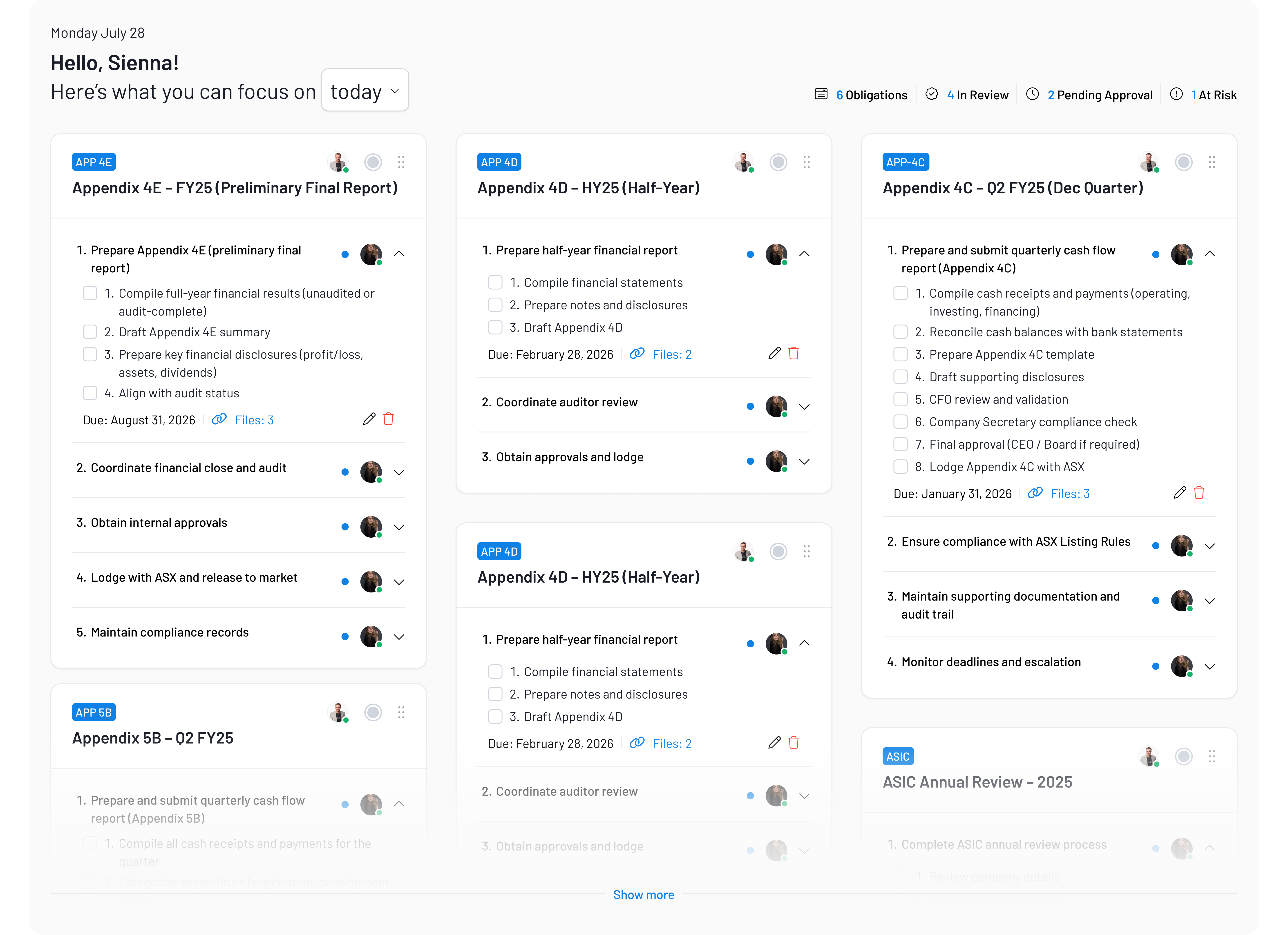 TerraOne Compliance Calendar — ASX, ASIC, and state regulator obligations with owners and due dates