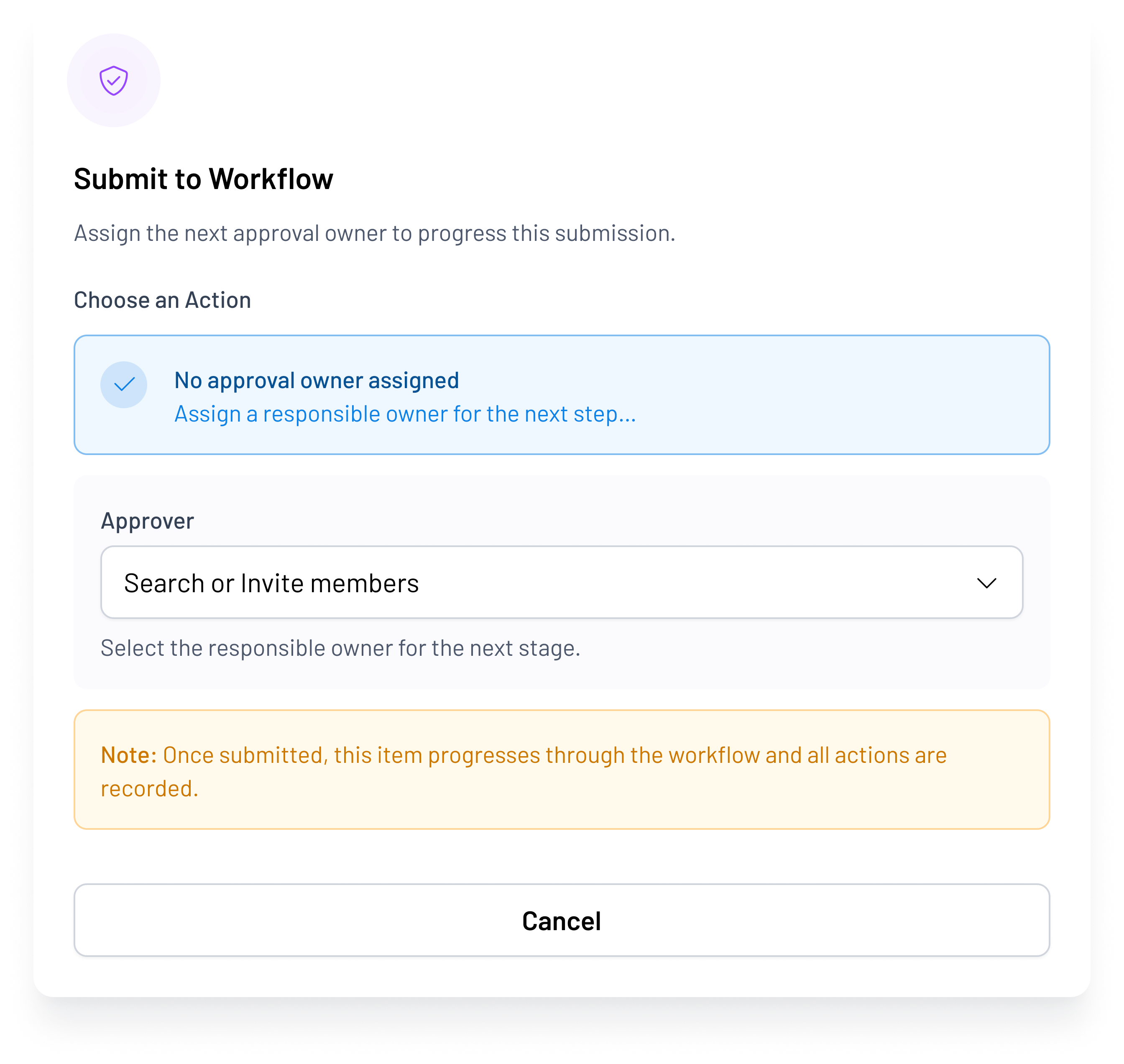 Submit to workflow modal showing routing options
