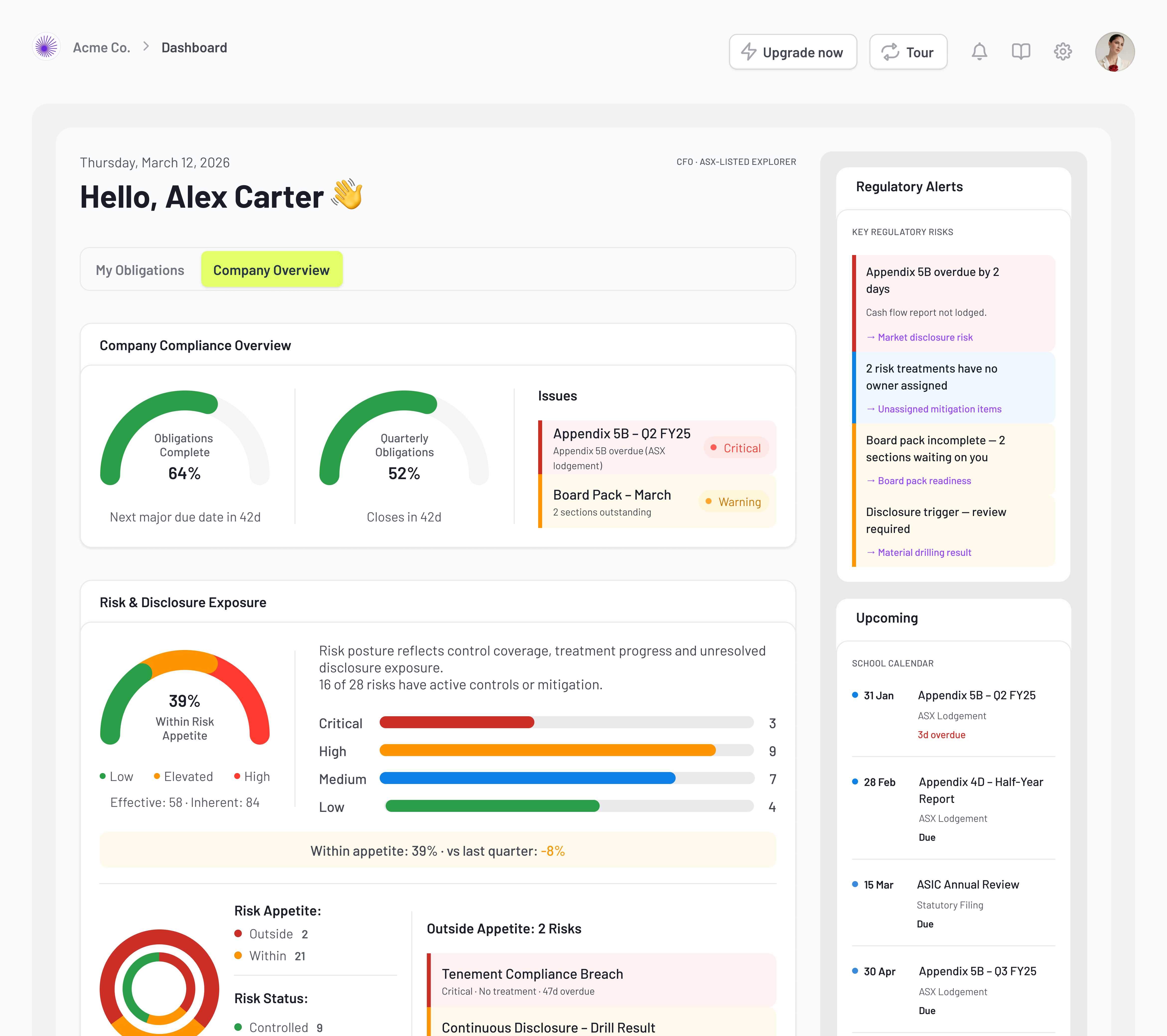 MineOne Company Overview dashboard showing obligations, risk, approvals, and board pack status