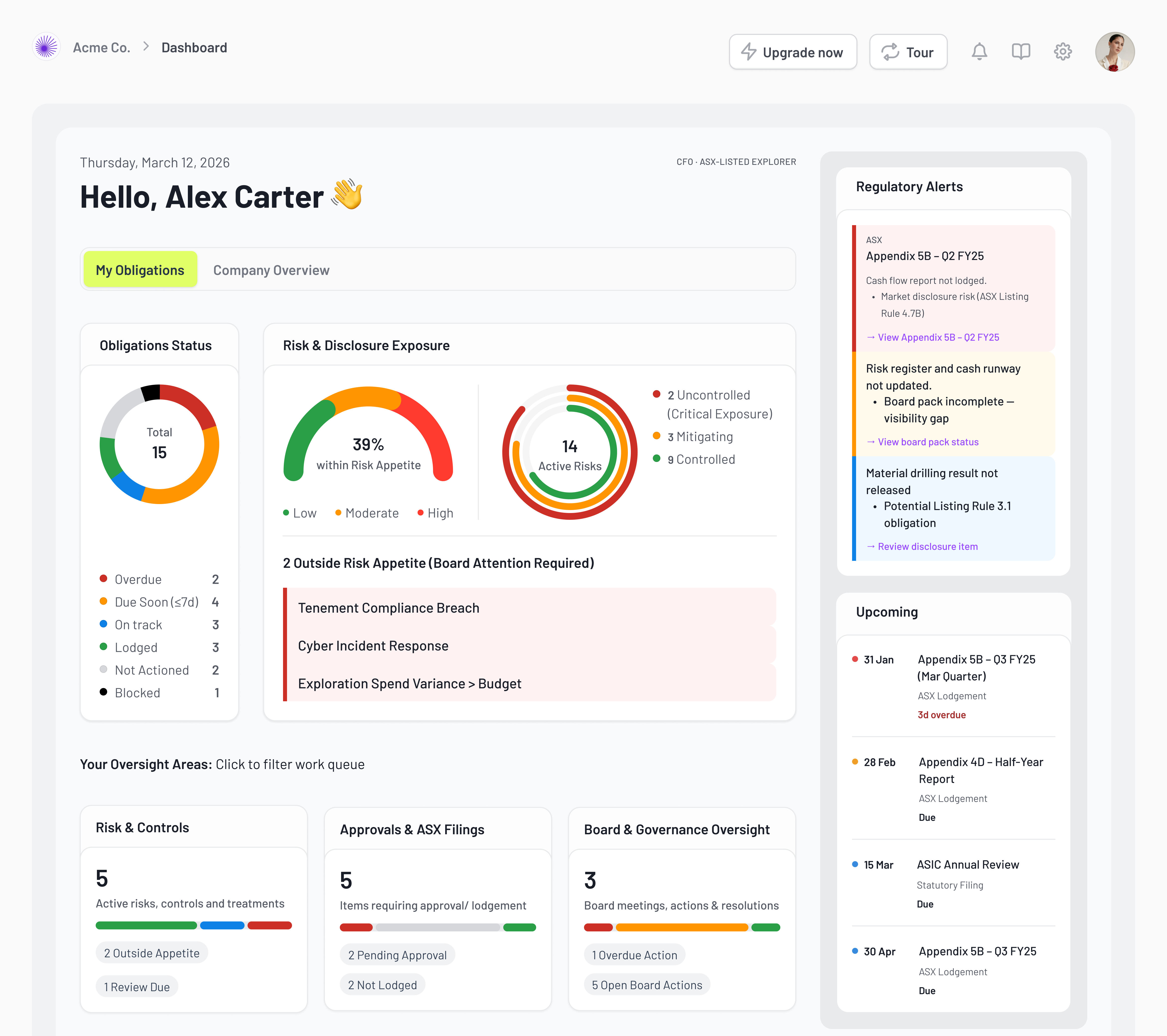 MineOne My Obligations screen showing personal compliance tasks, due dates, and evidence status